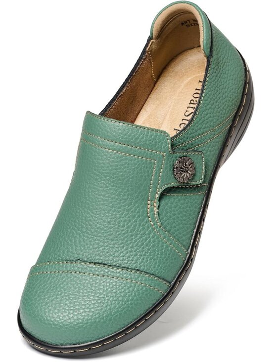 Shoes - Women's Green Leather Casual Comfortable Dressy Flats Loafers & Slip-On Shoes